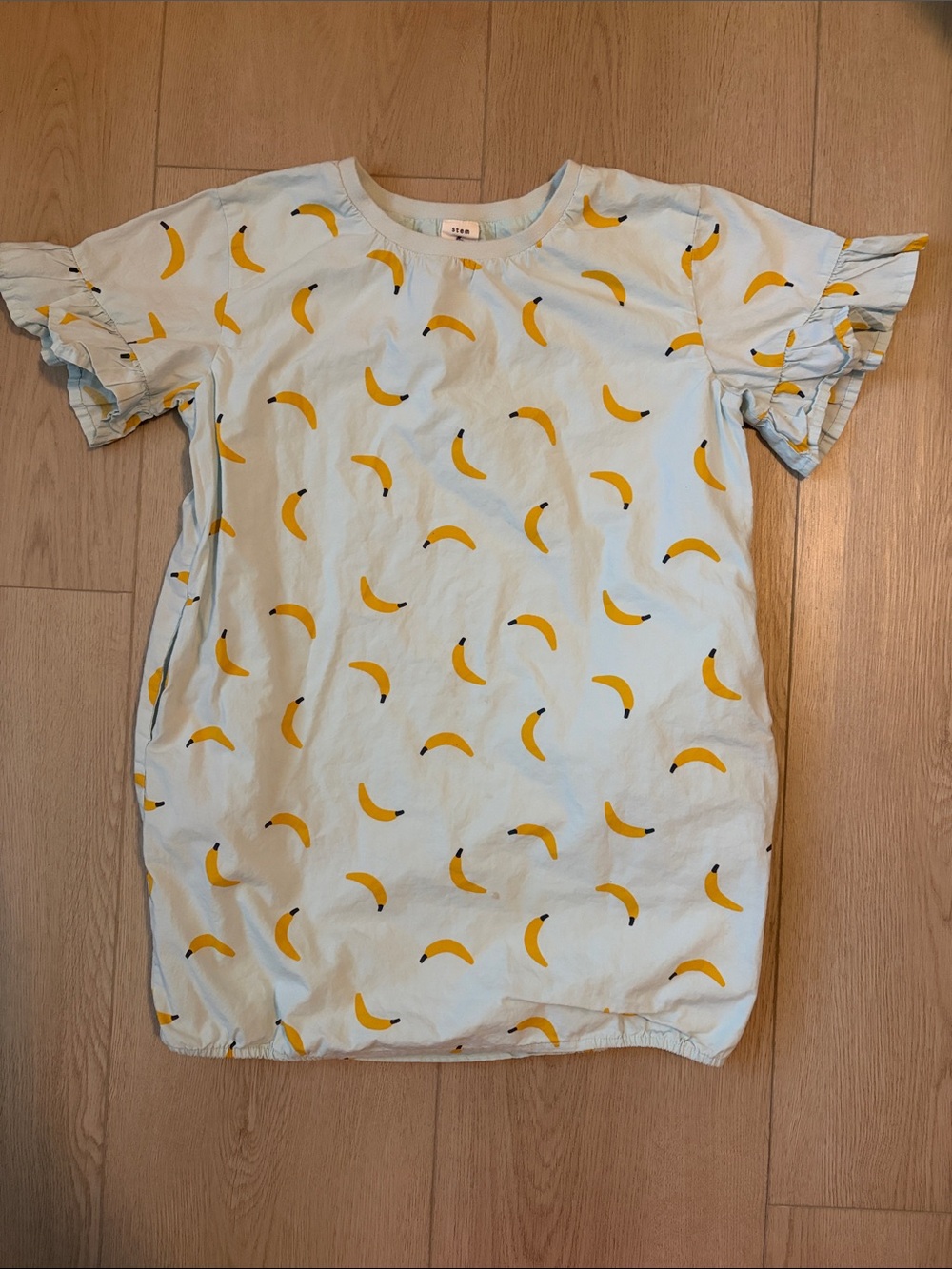 Light Blue Banana Print Ruffle Sleeve Dress